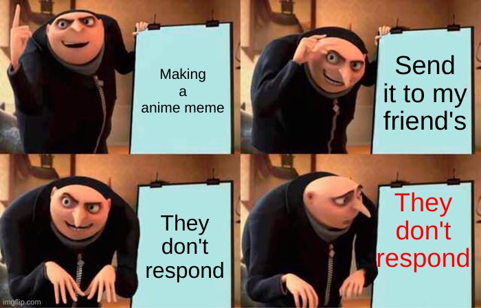 Gru's Plan | Making a anime meme; Send it to my friend's; They don't respond; They don't respond | image tagged in memes,gru's plan | made w/ Imgflip meme maker