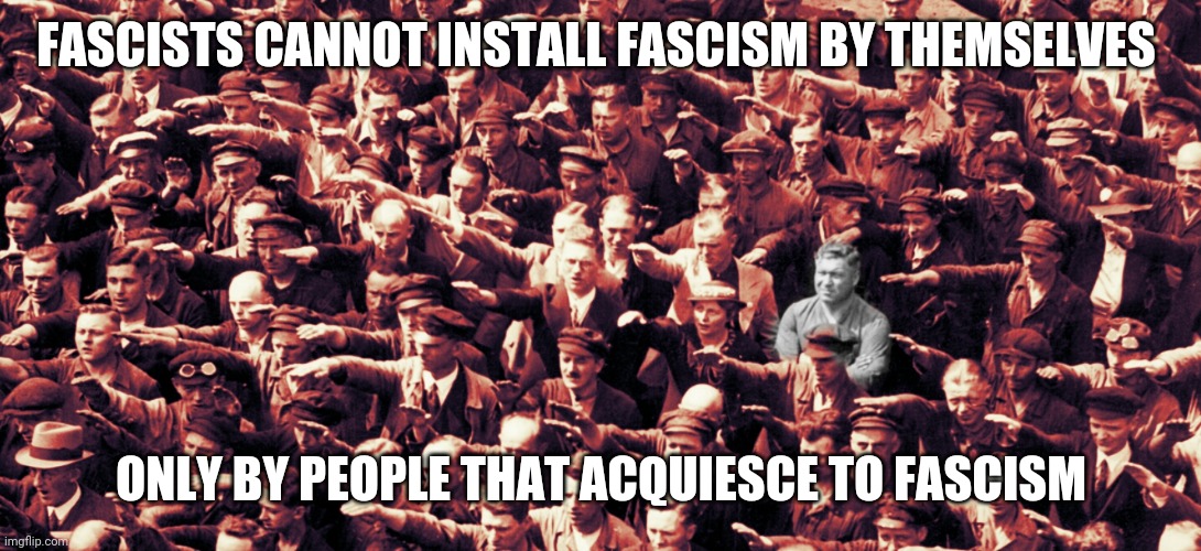 Fascism | FASCISTS CANNOT INSTALL FASCISM BY THEMSELVES; ONLY BY PEOPLE THAT ACQUIESCE TO FASCISM | image tagged in political | made w/ Imgflip meme maker