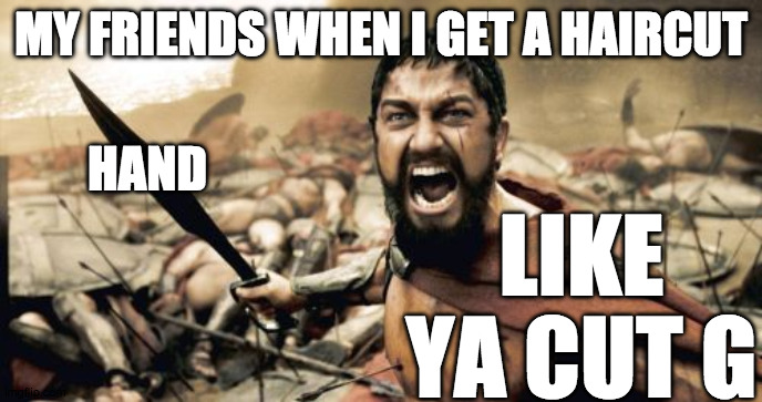 Sparta Leonidas Meme | MY FRIENDS WHEN I GET A HAIRCUT; HAND; LIKE YA CUT G | image tagged in memes,sparta leonidas | made w/ Imgflip meme maker