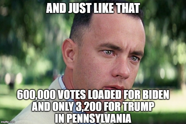 And Just Like That . . . A mysterious spike of votes in Pennsylvania had 600000 votes for Biden and only 3200 for Trump | AND JUST LIKE THAT; 600,000 VOTES LOADED FOR BIDEN
AND ONLY 3,200 FOR TRUMP
IN PENNSYLVANIA | image tagged in memes,and just like that | made w/ Imgflip meme maker