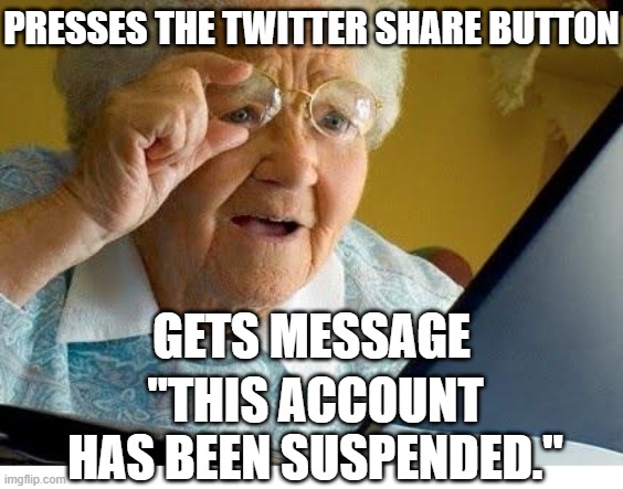Presses the Twitter share button; Gets message "This account has been suspended." | PRESSES THE TWITTER SHARE BUTTON; GETS MESSAGE; "THIS ACCOUNT HAS BEEN SUSPENDED." | image tagged in old lady at computer | made w/ Imgflip meme maker