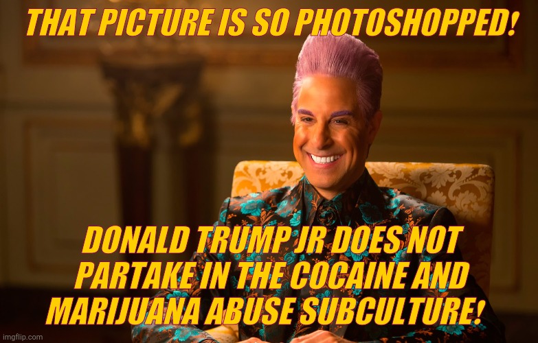 Caesar Flickerman (Stanley Tucci) | THAT PICTURE IS SO PHOTOSHOPPED❗ DONALD TRUMP JR DOES NOT PARTAKE IN THE COCAINE AND MARIJUANA ABUSE SUBCULTURE❗ | image tagged in caesar flickerman stanley tucci | made w/ Imgflip meme maker