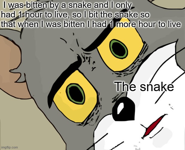 Smort | I was bitten by a snake and I only had 1 hour to live, so I bit the snake so that when I was bitten I had 1 more hour to live; The snake | image tagged in memes,unsettled tom | made w/ Imgflip meme maker