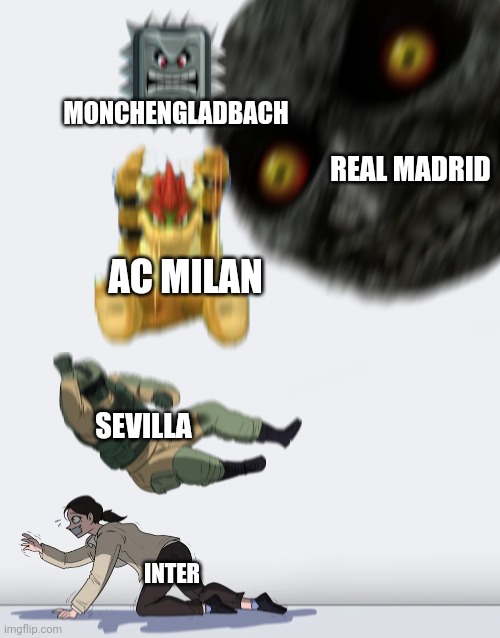 Poor Inter Milan... | MONCHENGLADBACH; REAL MADRID; AC MILAN; SEVILLA; INTER | image tagged in crushing combo,inter,memes,football,soccer,oof | made w/ Imgflip meme maker