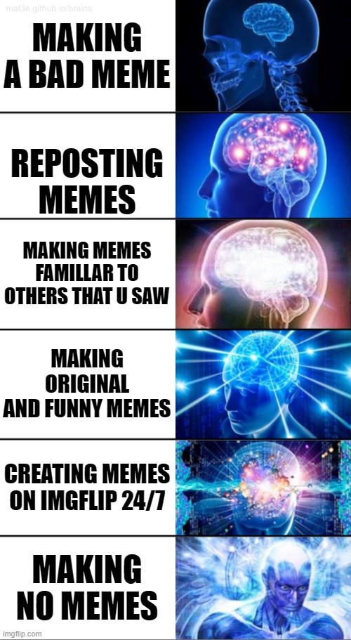 What tier you are? | MAKING A BAD MEME; REPOSTING MEMES; MAKING MEMES FAMILLAR TO OTHERS THAT U SAW; MAKING ORIGINAL AND FUNNY MEMES; CREATING MEMES ON IMGFLIP 24/7; MAKING NO MEMES | image tagged in 6-tier expanding brain | made w/ Imgflip meme maker