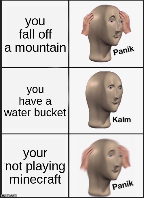 Panik Kalm Panik Meme | you fall off a mountain; you have a water bucket; your not playing minecraft | image tagged in memes,panik kalm panik | made w/ Imgflip meme maker