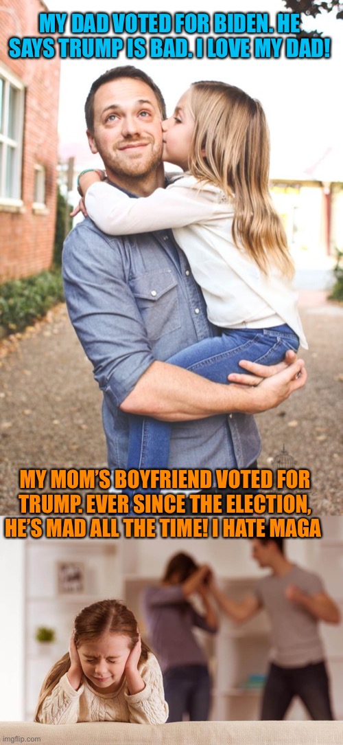 With all the angry MAGA out there. One wonders what home life after this election might be | MY DAD VOTED FOR BIDEN. HE SAYS TRUMP IS BAD. I LOVE MY DAD! MY MOM’S BOYFRIEND VOTED FOR TRUMP. EVER SINCE THE ELECTION, HE’S MAD ALL THE TIME! I HATE MAGA | image tagged in donald trump,joe biden,voter fraud,election 2020,family,maga | made w/ Imgflip meme maker
