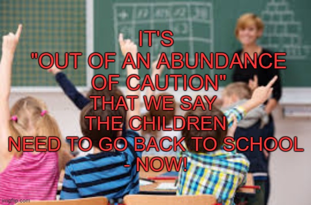 Children back to school | IT'S 
"OUT OF AN ABUNDANCE OF CAUTION"; THAT WE SAY 
THE CHILDREN
 NEED TO GO BACK TO SCHOOL 
- NOW! | image tagged in covid,school,children,return,treachers,union | made w/ Imgflip meme maker