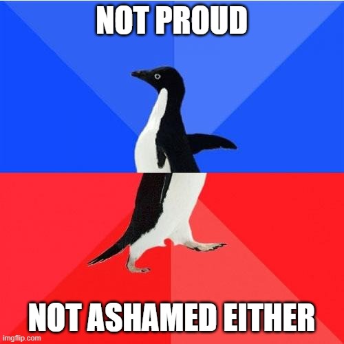 Socially Awkward Awesome Penguin Meme | NOT PROUD NOT ASHAMED EITHER | image tagged in memes,socially awkward awesome penguin | made w/ Imgflip meme maker