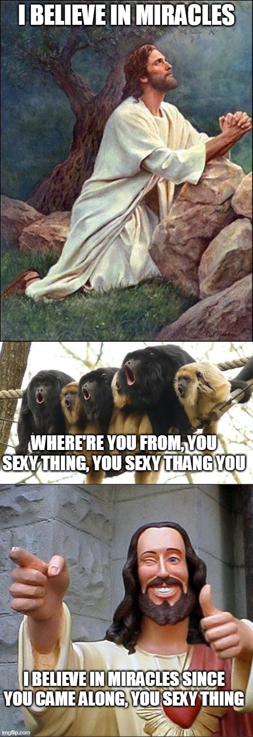 Just a little hot chocolate on a Sunday morning | I BELIEVE IN MIRACLES; WHERE'RE YOU FROM, YOU SEXY THING, YOU SEXY THANG YOU; I BELIEVE IN MIRACLES SINCE YOU CAME ALONG, YOU SEXY THING | image tagged in jesus praying,monkey choir,memes,buddy christ | made w/ Imgflip meme maker