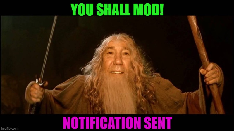 YOU SHALL MOD! NOTIFICATION SENT | image tagged in you shall pass | made w/ Imgflip meme maker
