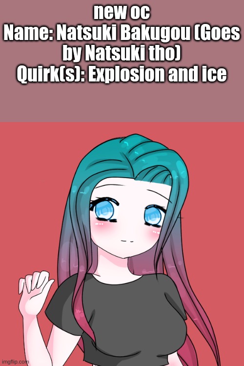 yesh, she's bakugou's sister |  new oc
Name: Natsuki Bakugou (Goes by Natsuki tho)
Quirk(s): Explosion and ice | made w/ Imgflip meme maker