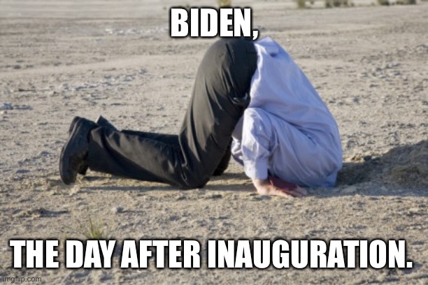 Head in Sand | BIDEN, THE DAY AFTER INAUGURATION. | image tagged in head in sand | made w/ Imgflip meme maker