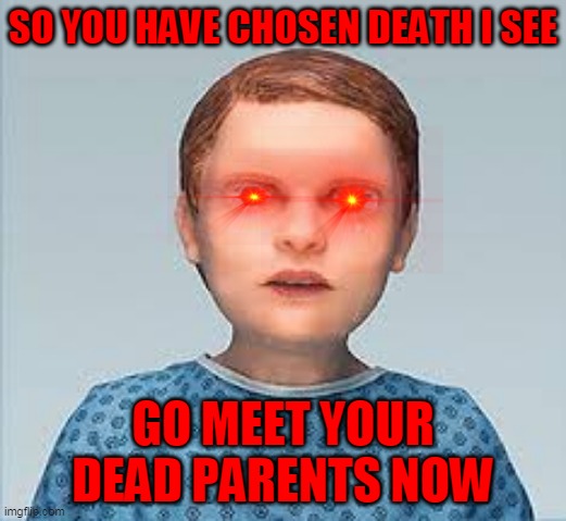 Hal.Exe | SO YOU HAVE CHOSEN DEATH I SEE; GO MEET YOUR DEAD PARENTS NOW | image tagged in evil | made w/ Imgflip meme maker