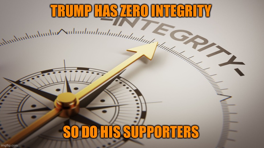 integrity | TRUMP HAS ZERO INTEGRITY SO DO HIS SUPPORTERS | image tagged in integrity | made w/ Imgflip meme maker