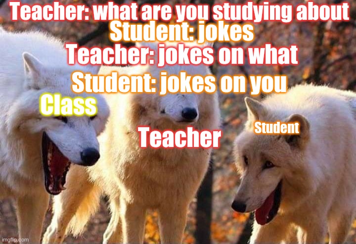 Laughing wolf | Teacher: what are you studying about; Student: jokes; Teacher: jokes on what; Student: jokes on you; Class; Student; Teacher | image tagged in laughing wolf | made w/ Imgflip meme maker