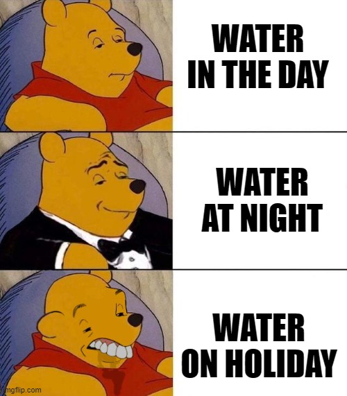 Water is strange | WATER IN THE DAY; WATER AT NIGHT; WATER ON HOLIDAY | image tagged in best better blurst | made w/ Imgflip meme maker