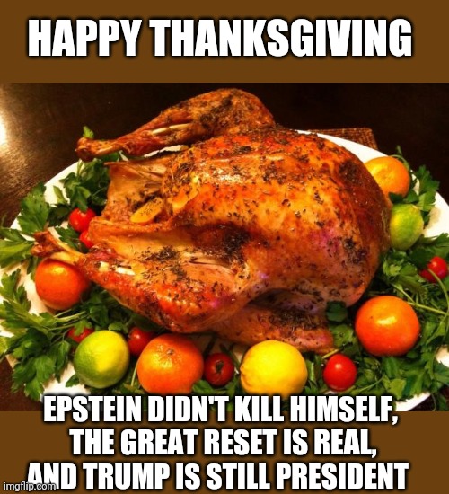 Politics and stuff | HAPPY THANKSGIVING; EPSTEIN DIDN'T KILL HIMSELF,  THE GREAT RESET IS REAL, AND TRUMP IS STILL PRESIDENT | image tagged in roasted turkey | made w/ Imgflip meme maker
