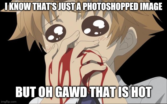 nosebleed | I KNOW THAT'S JUST A PHOTOSHOPPED IMAGE BUT OH GAWD THAT IS HOT | image tagged in nosebleed | made w/ Imgflip meme maker