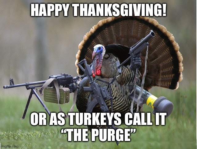 Thanksgiving Purge | HAPPY THANKSGIVING! OR AS TURKEYS CALL IT
“THE PURGE” | image tagged in thanksgiving,the purge,turkey day | made w/ Imgflip meme maker