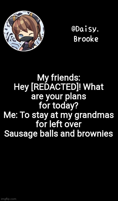 Daisy's new template | My friends: Hey [REDACTED]! What are your plans for today?
Me: To stay at my grandmas for left over Sausage balls and brownies | image tagged in daisy's new template | made w/ Imgflip meme maker