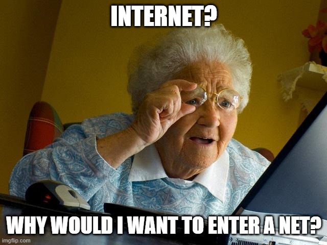 xD | INTERNET? WHY WOULD I WANT TO ENTER A NET? | image tagged in memes,grandma finds the internet | made w/ Imgflip meme maker