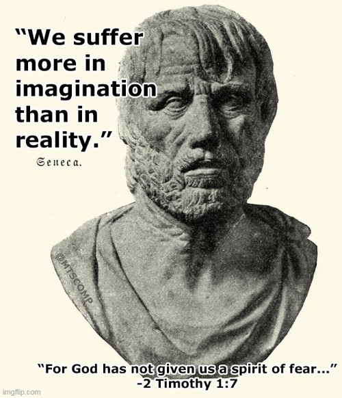 (F)alse (E)vidence (A)ppearing (R)eal | image tagged in fear,seneca,we suffer more in imagination than in reality,2 timothy 1 7,no hear | made w/ Imgflip meme maker