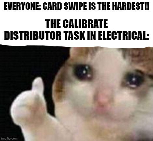 Approved crying cat | EVERYONE: CARD SWIPE IS THE HARDEST!! THE CALIBRATE DISTRIBUTOR TASK IN ELECTRICAL: | image tagged in approved crying cat | made w/ Imgflip meme maker