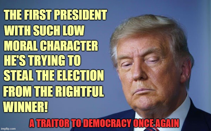 America's Lowlife President | THE FIRST PRESIDENT; WITH SUCH LOW; MORAL CHARACTER; HE'S TRYING TO; STEAL THE ELECTION; FROM THE RIGHTFUL; WINNER! A TRAITOR TO DEMOCRACY ONCE AGAIN | image tagged in donald trump you're fired,despicable donald,deplorable donald,lowlife,sore loser,biggest loser | made w/ Imgflip meme maker