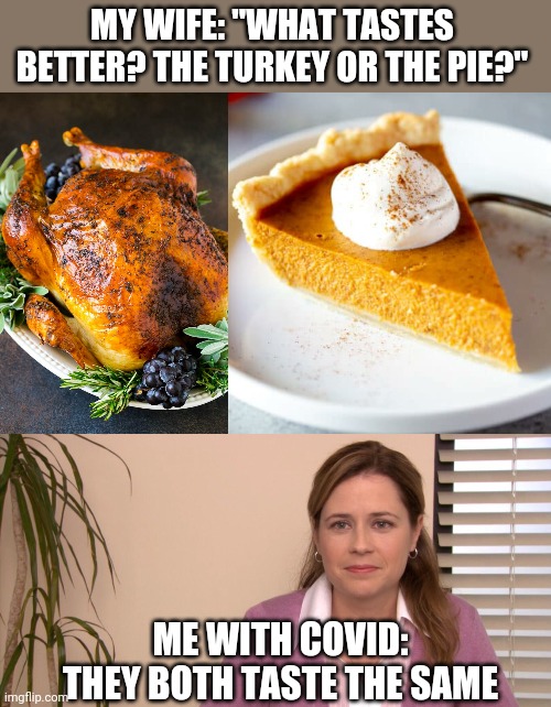 WHY DOES COVID HAVE TO TAKE AWAY YOUR SENSE OF SMELL AND TASTE!? | MY WIFE: "WHAT TASTES BETTER? THE TURKEY OR THE PIE?"; ME WITH COVID: THEY BOTH TASTE THE SAME | image tagged in memes,they're the same picture,thanksgiving,happy thanksgiving,covid-19 | made w/ Imgflip meme maker
