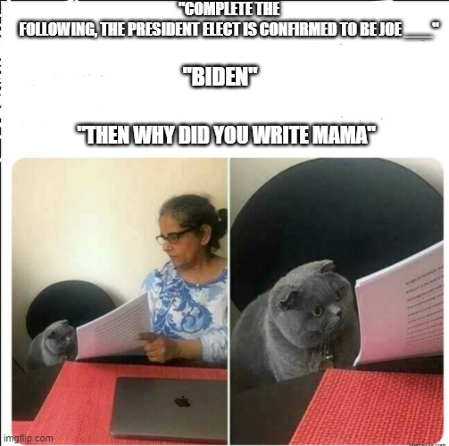 Then why did you write | "COMPLETE THE FOLLOWING, THE PRESIDENT ELECT IS CONFIRMED TO BE JOE ___"; "BIDEN"; "THEN WHY DID YOU WRITE MAMA" | image tagged in joe biden | made w/ Imgflip meme maker