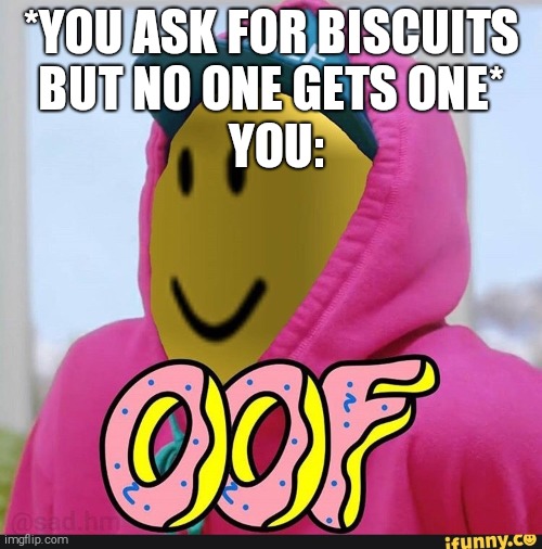 Roblox Oof | *YOU ASK FOR BISCUITS BUT NO ONE GETS ONE*; YOU: | image tagged in roblox oof,biscuits,stop reading the tags,or,may the gods destroy you,oh wow are you actually reading these tags | made w/ Imgflip meme maker