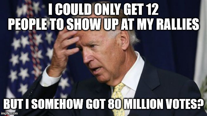 Joe Biden worries | I COULD ONLY GET 12 PEOPLE TO SHOW UP AT MY RALLIES BUT I SOMEHOW GOT 80 MILLION VOTES? | image tagged in joe biden worries | made w/ Imgflip meme maker