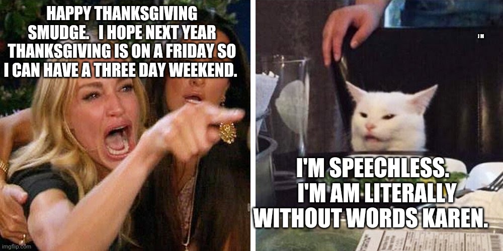 Smudge the cat | HAPPY THANKSGIVING SMUDGE.   I HOPE NEXT YEAR THANKSGIVING IS ON A FRIDAY SO I CAN HAVE A THREE DAY WEEKEND. J M; I'M SPEECHLESS.   I'M AM LITERALLY WITHOUT WORDS KAREN. | image tagged in smudge the cat | made w/ Imgflip meme maker