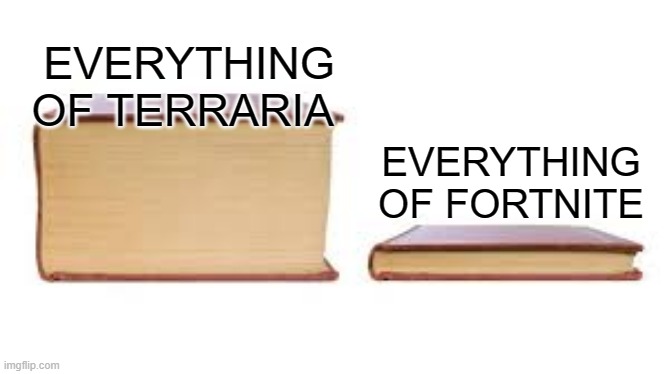 by everything i mean guns and places/biomes | EVERYTHING OF TERRARIA; EVERYTHING OF FORTNITE | image tagged in big book small book | made w/ Imgflip meme maker