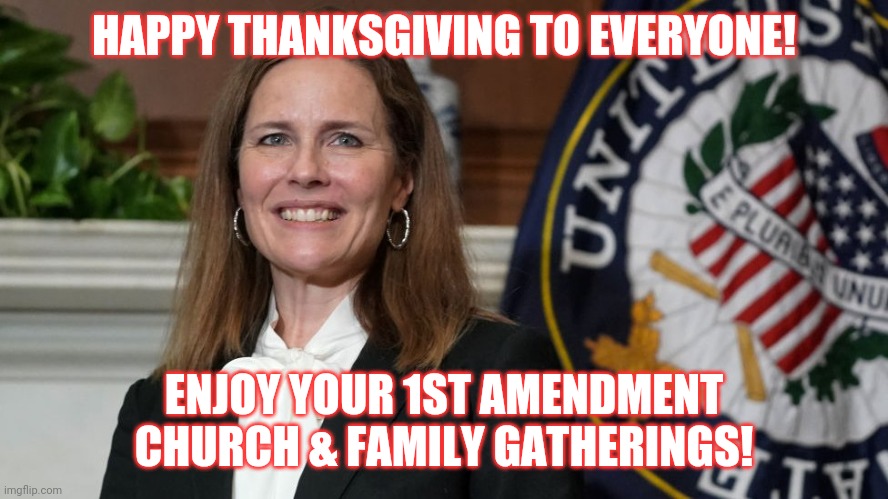 Happy Thanksgiving America! |  HAPPY THANKSGIVING TO EVERYONE! ENJOY YOUR 1ST AMENDMENT CHURCH & FAMILY GATHERINGS! | image tagged in amy coney barrett,happy thanksgiving,first amendment,freedom,liberty,and justice for all | made w/ Imgflip meme maker