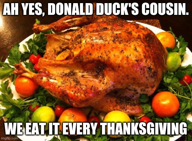 O yes, I was thankful for putting my face in the deep fryer until you called | AH YES, DONALD DUCK'S COUSIN. WE EAT IT EVERY THANKSGIVING | image tagged in roasted turkey,donald duck,thanksgiving | made w/ Imgflip meme maker
