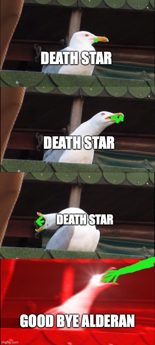 idk just thought of this | DEATH STAR; DEATH STAR; DEATH STAR; GOOD BYE ALDERAN | image tagged in memes,inhaling seagull | made w/ Imgflip meme maker