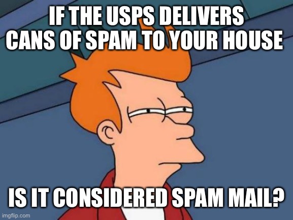 Spam Mail | IF THE USPS DELIVERS CANS OF SPAM TO YOUR HOUSE; IS IT CONSIDERED SPAM MAIL? | image tagged in memes,futurama fry,spam,usps,mail | made w/ Imgflip meme maker