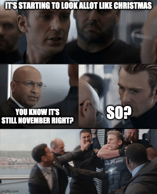 To soon? | IT'S STARTING TO LOOK ALLOT LIKE CHRISTMAS; SO? YOU KNOW IT'S STILL NOVEMBER RIGHT? | image tagged in captain america elevator fight,christmas | made w/ Imgflip meme maker