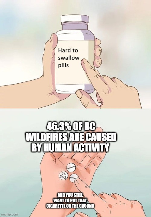 Hard To Swallow Pills Meme | 46.3% OF BC WILDFIRES ARE CAUSED BY HUMAN ACTIVITY; AND YOU STILL WANT TO PUT THAT CIGARETTE ON THE GROUND | image tagged in memes,hard to swallow pills | made w/ Imgflip meme maker
