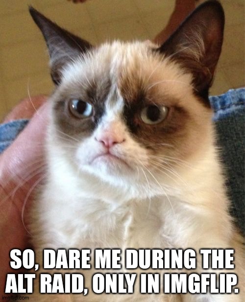 E | SO, DARE ME DURING THE ALT RAID, ONLY IN IMGFLIP. | image tagged in memes,grumpy cat | made w/ Imgflip meme maker