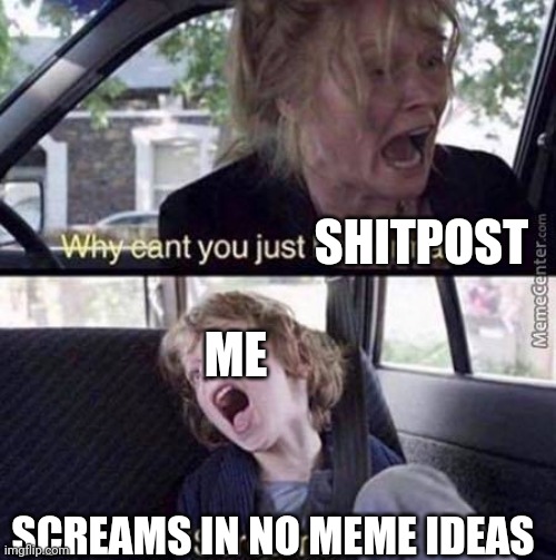 Meme ideassss please guys meme ideas pleaseeeee | SHITPOST; ME; SCREAMS IN NO MEME IDEAS | made w/ Imgflip meme maker