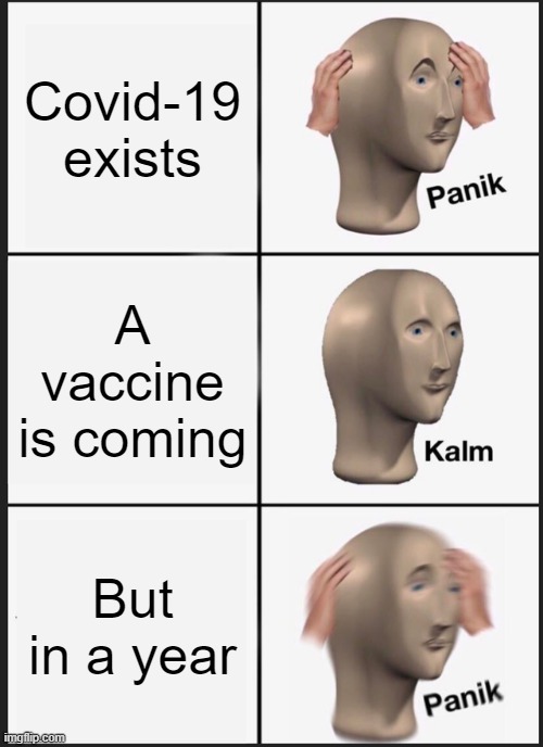 Panik Kalm Panik | Covid-19 exists; A vaccine is coming; But in a year | image tagged in memes,panik kalm panik | made w/ Imgflip meme maker