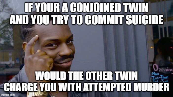 Roll Safe Think About It Meme | IF YOUR A CONJOINED TWIN AND YOU TRY TO COMMIT SUICIDE; WOULD THE OTHER TWIN CHARGE YOU WITH ATTEMPTED MURDER | image tagged in memes,roll safe think about it | made w/ Imgflip meme maker