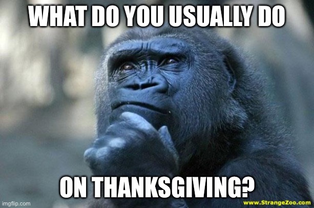 Happy thanksgiving!!! | WHAT DO YOU USUALLY DO; ON THANKSGIVING? | image tagged in deep thoughts,memes,question,thanksgiving,traditions,holidays | made w/ Imgflip meme maker
