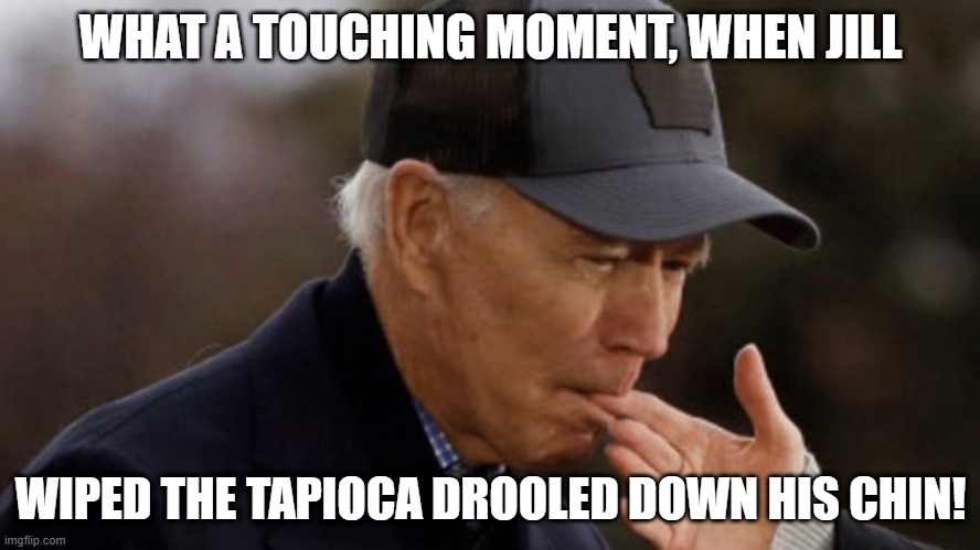 politics | WHAT A TOUCHING MOMENT, WHEN JILL; WIPED THE TAPIOCA DROOLED DOWN HIS CHIN! | image tagged in biden bites wife | made w/ Imgflip meme maker