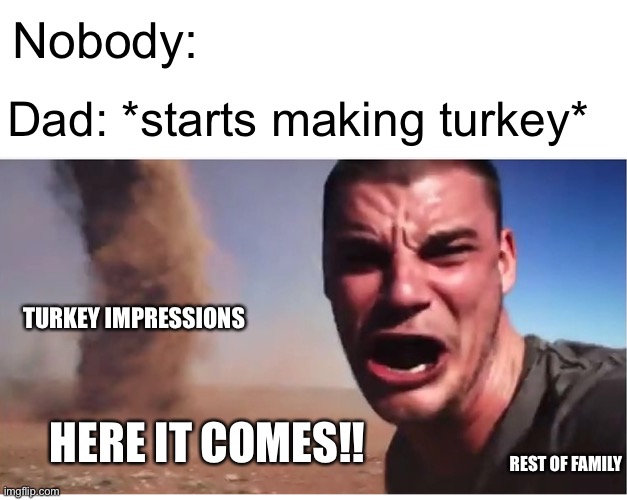 Always gotta make those Turkey impressions right? | Nobody:; Dad: *starts making turkey*; TURKEY IMPRESSIONS; HERE IT COMES!! REST OF FAMILY | image tagged in here it come meme | made w/ Imgflip meme maker