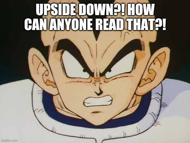 Angry Vegeta (DBZ) | UPSIDE DOWN?! HOW CAN ANYONE READ THAT?! | image tagged in angry vegeta dbz | made w/ Imgflip meme maker