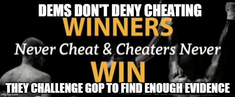 Dems, What happened to "Nobody is above the Law"? | DEMS DON'T DENY CHEATING; THEY CHALLENGE GOP TO FIND ENOUGH EVIDENCE | image tagged in cheaters,democrats | made w/ Imgflip meme maker